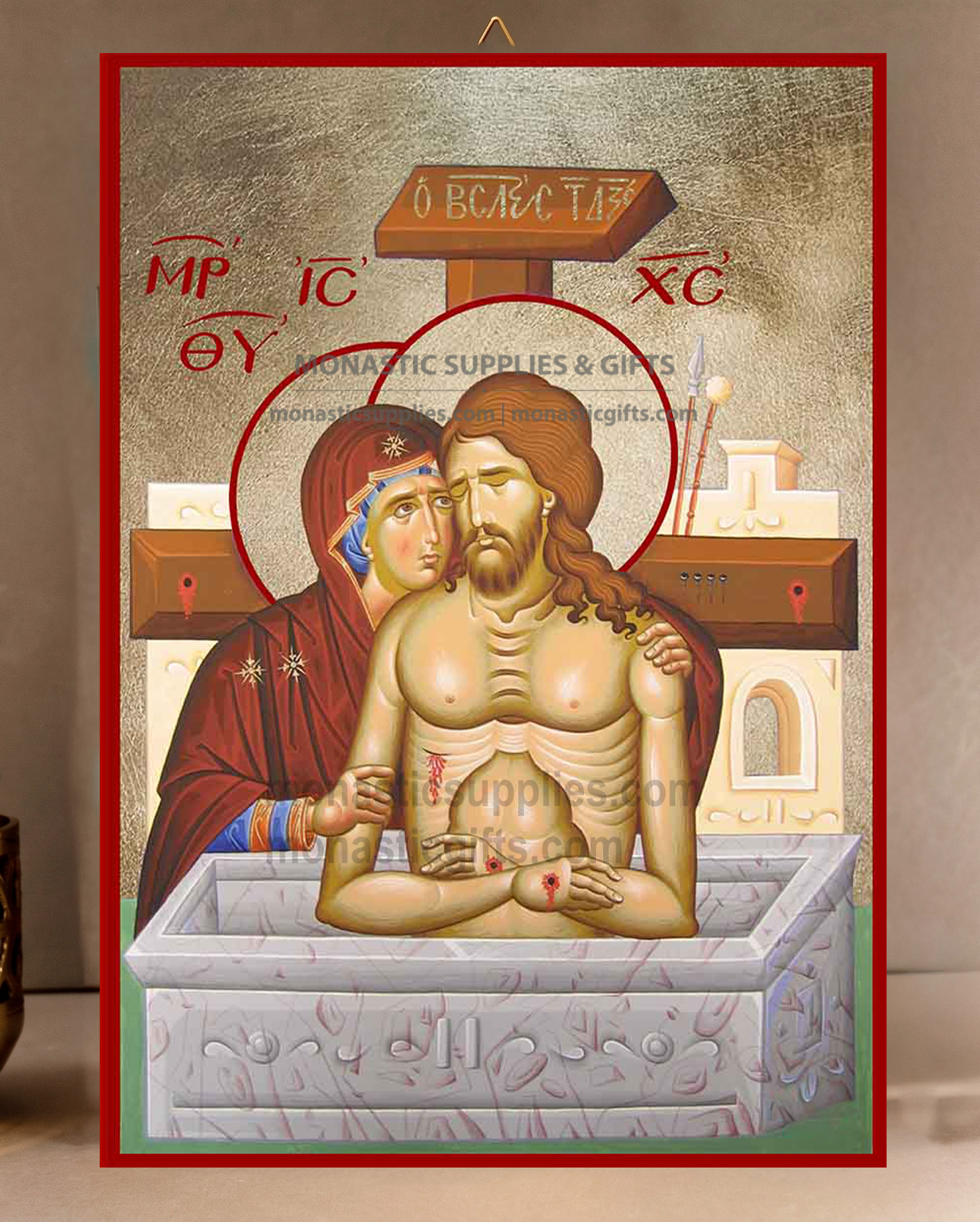 Handcrafted Orthodox gold leaf canvas icon of The Extreme Humility Akra Tapeinosis with the Virgin Mary on solid wooden panel