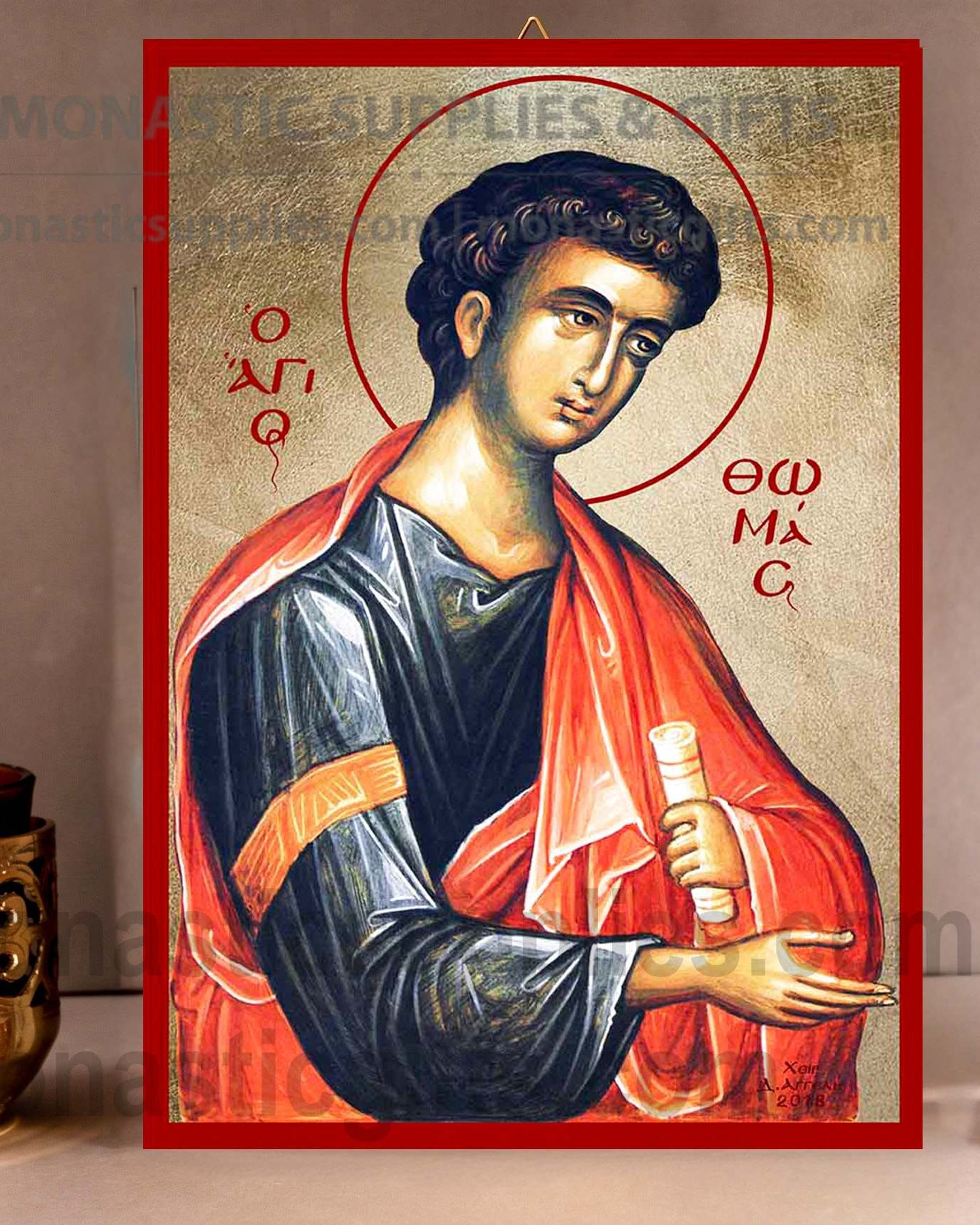 Handcrafted Orthodox gold leaf canvas icon of Saint Thomas the Apostle on solid wooden panel