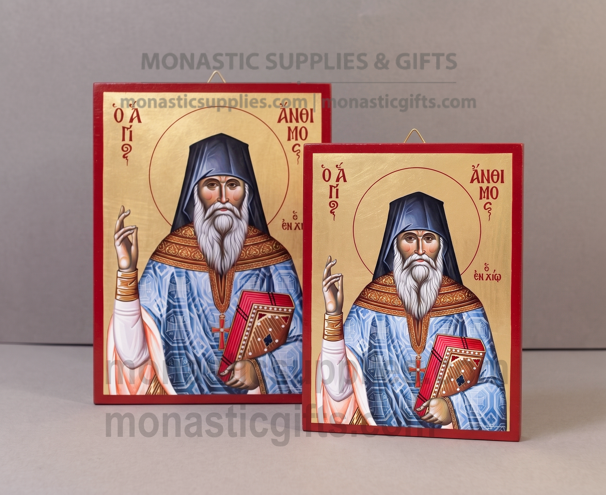 Handcrafted Orthodox gold leaf canvas icon of Saint Anthimos on solid wooden panel