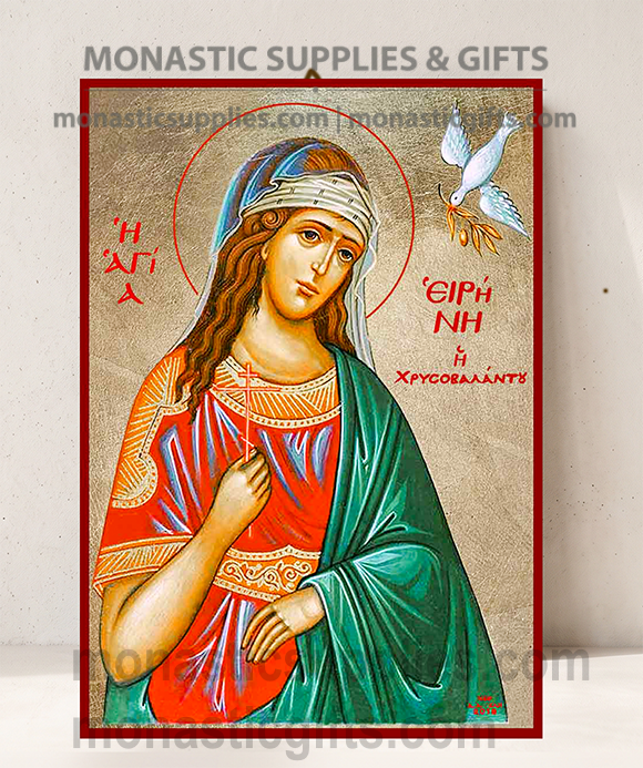 Handcrafted Orthodox gold leaf canvas icon of Saint Irene the Great Martyr with dove and cross on solid wooden panel