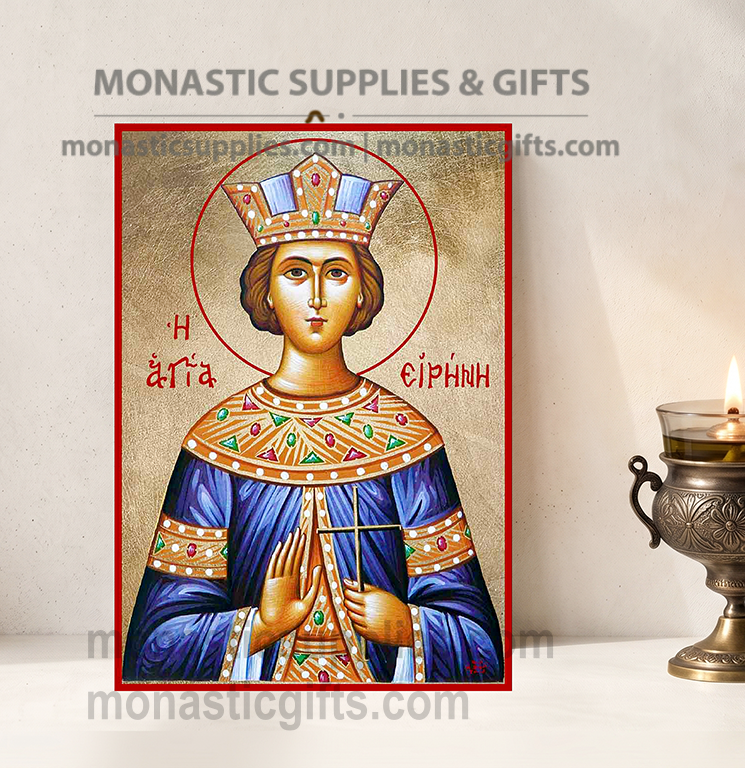 Handcrafted Orthodox gold leaf canvas icon of Saint Irene the Great Martyr with dove and cross on solid wooden panel
