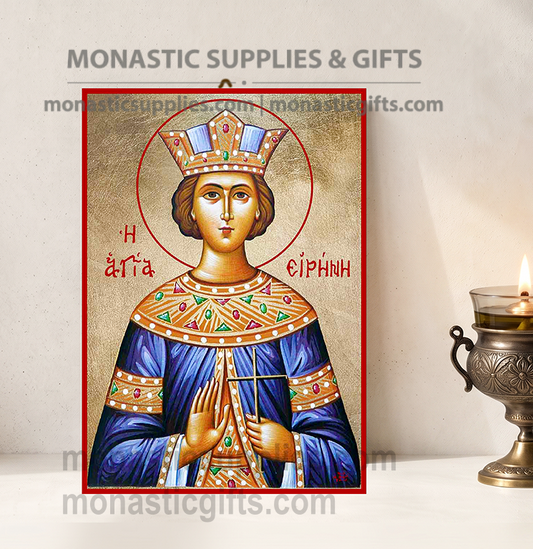 Handcrafted Orthodox gold leaf canvas icon of Saint Irene the Great Martyr with dove and cross on solid wooden panel