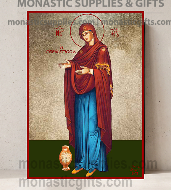 Handcrafted Orthodox gold leaf canvas icon of Virgin Mary the Eldress Theotokos Gerontissa on solid wooden panel