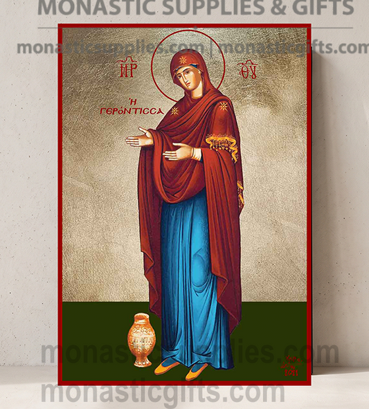 Handcrafted Orthodox gold leaf canvas icon of Virgin Mary the Eldress Theotokos Gerontissa on solid wooden panel