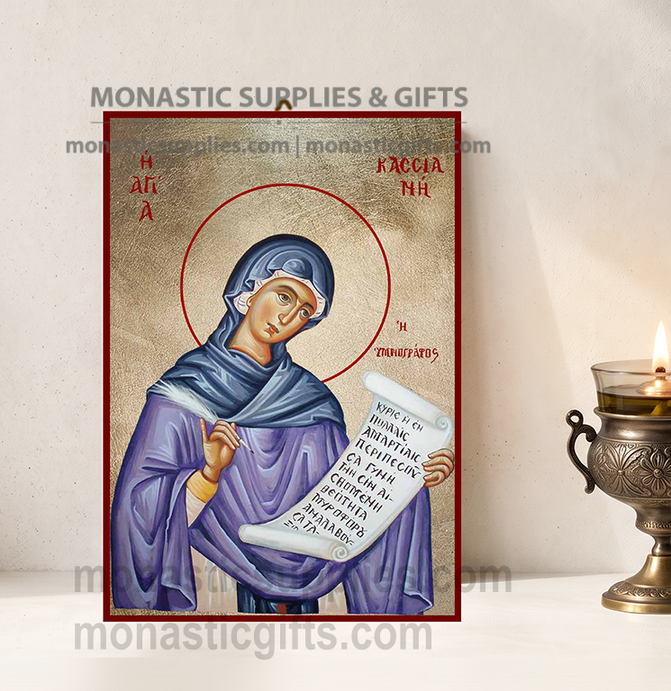 Handcrafted Orthodox gold leaf canvas icon of Saint Kassiani the Hymnographer on solid wooden panel