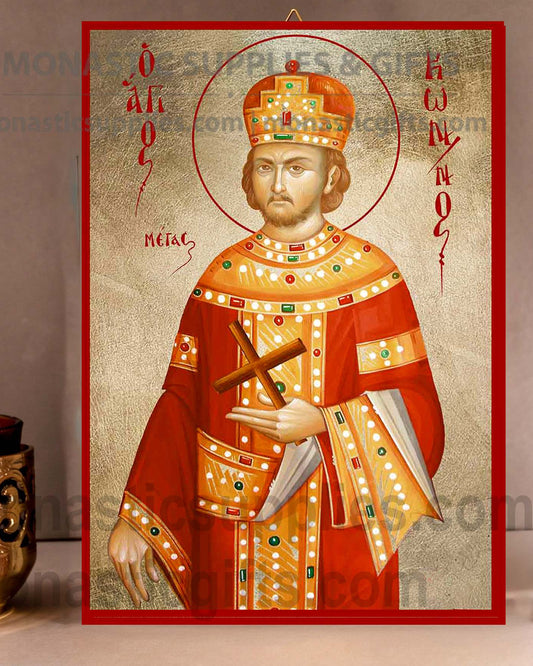 Handcrafted Orthodox gold leaf canvas icon of Saint Constantine the Great on solid wooden panel