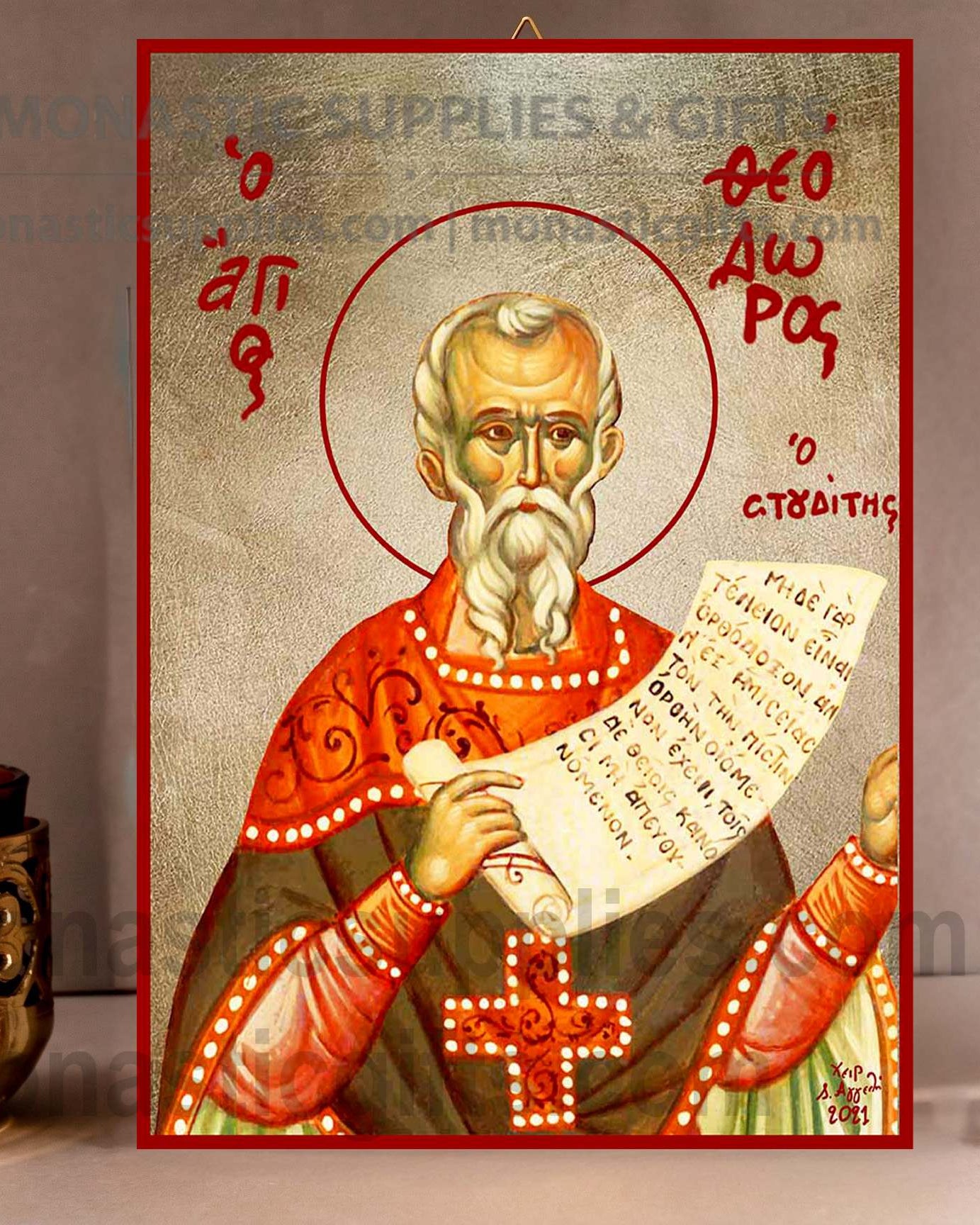 Handcrafted Orthodox gold leaf canvas icon of Saint Theodore the Great Martyr on solid wooden panel