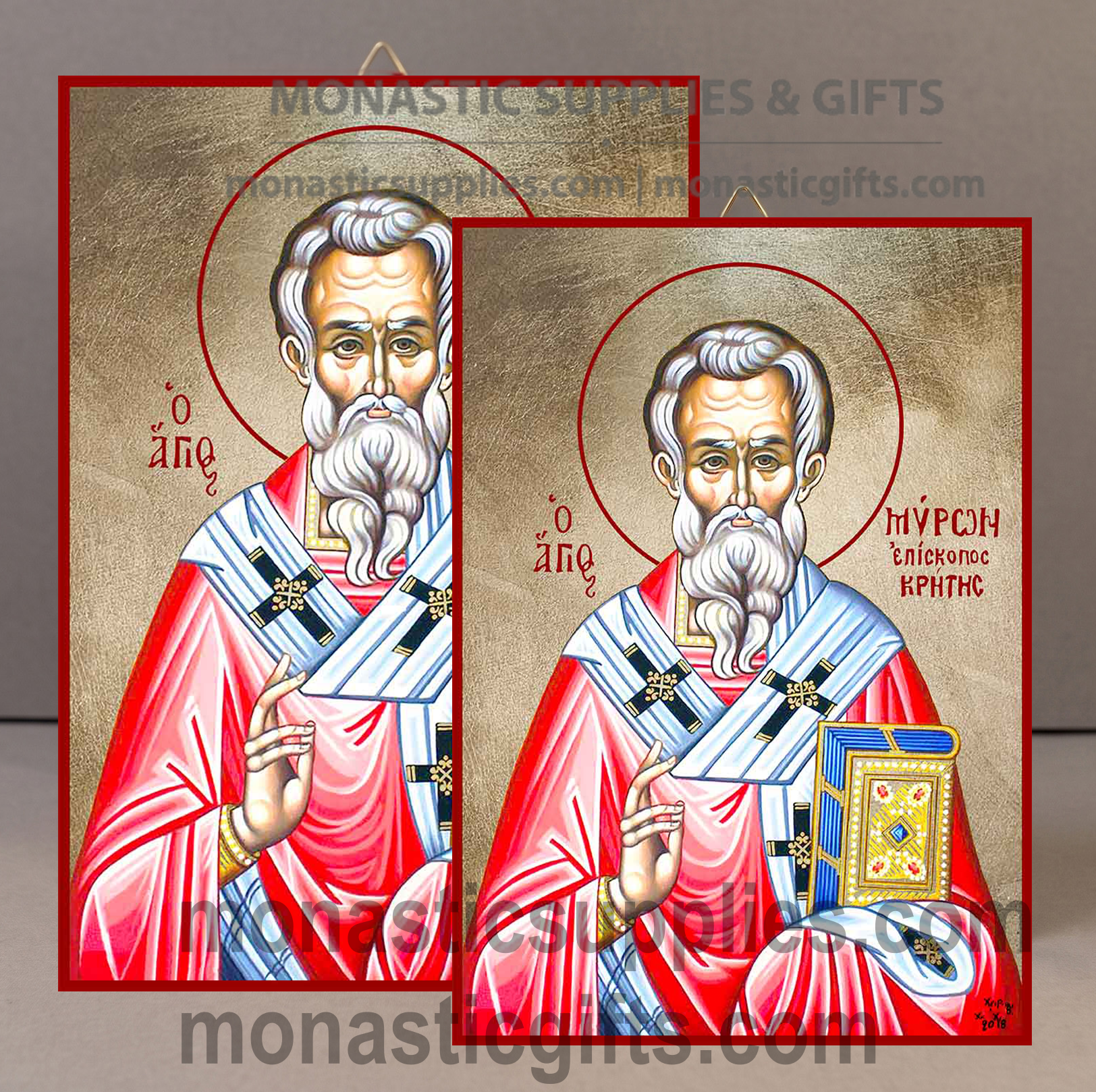 Handcrafted Orthodox gold leaf canvas icon of Saint Myron Bishop of Crete patron of farmers and charity on solid wooden panel