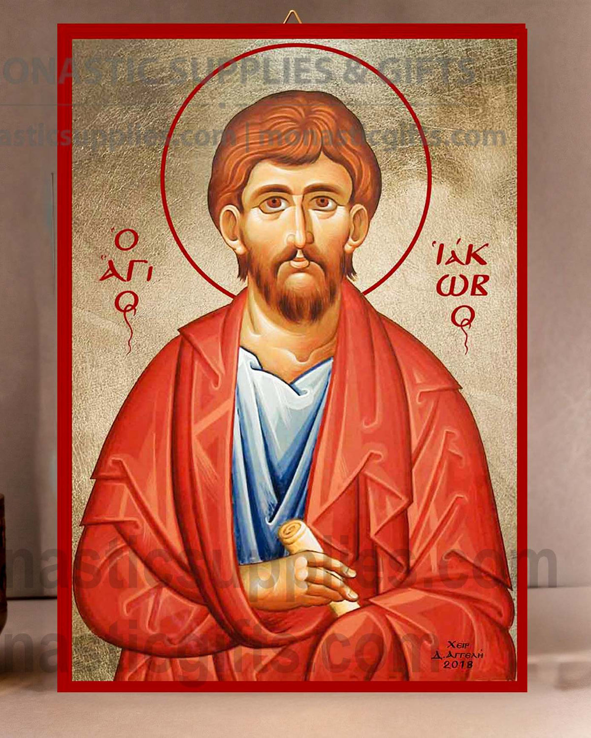 Handcrafted Orthodox gold leaf canvas icon of Saint James on solid wooden panel