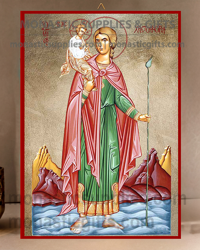Handcrafted Orthodox gold leaf canvas icon of Saint Christopher the Martyr patron of drivers and travelers on solid wooden panel