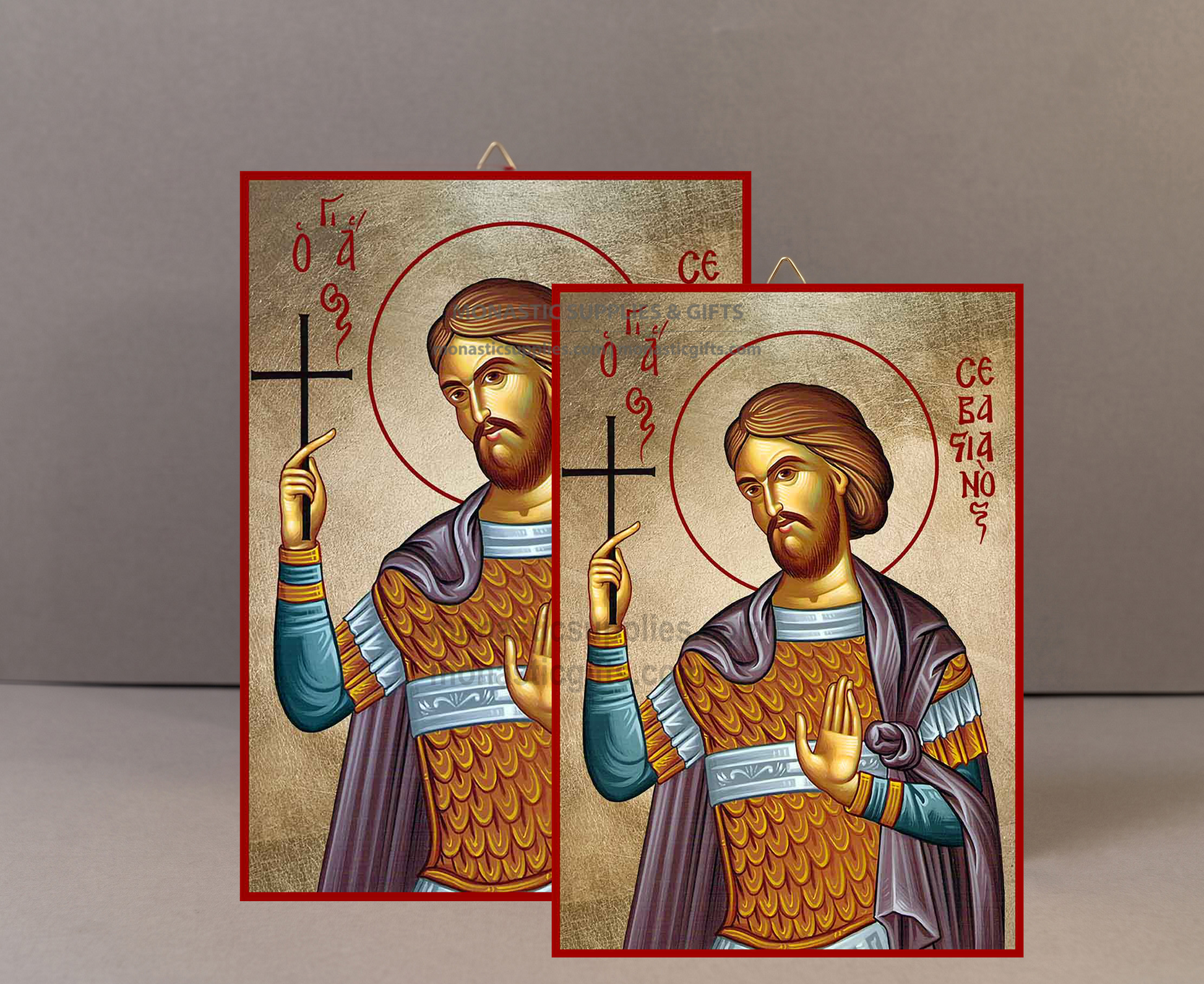 Handcrafted Orthodox gold leaf canvas icon of Saint Sebastian the Martyr patron of athletes and soldiers on solid wooden panel