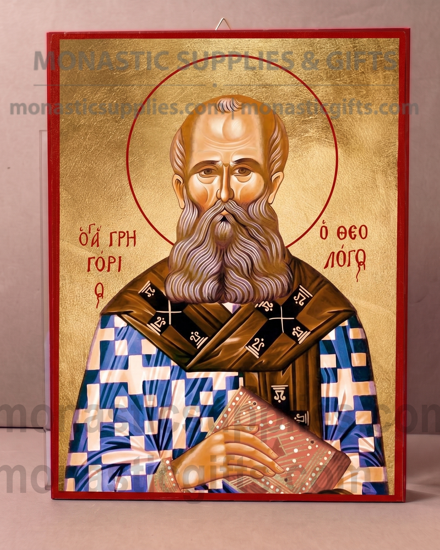 Handcrafted Orthodox gold leaf canvas icon of Saint Gregory the Theologian on solid wooden panel