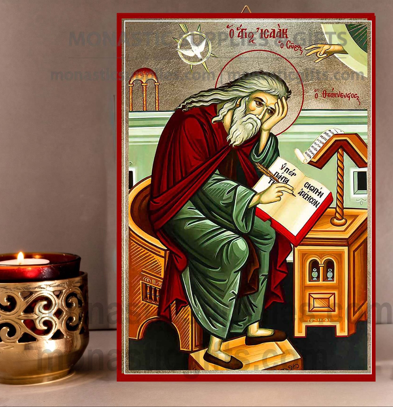 Handcrafted Orthodox gold leaf canvas icon of Saint Isaac the Syrian on solid wooden panel