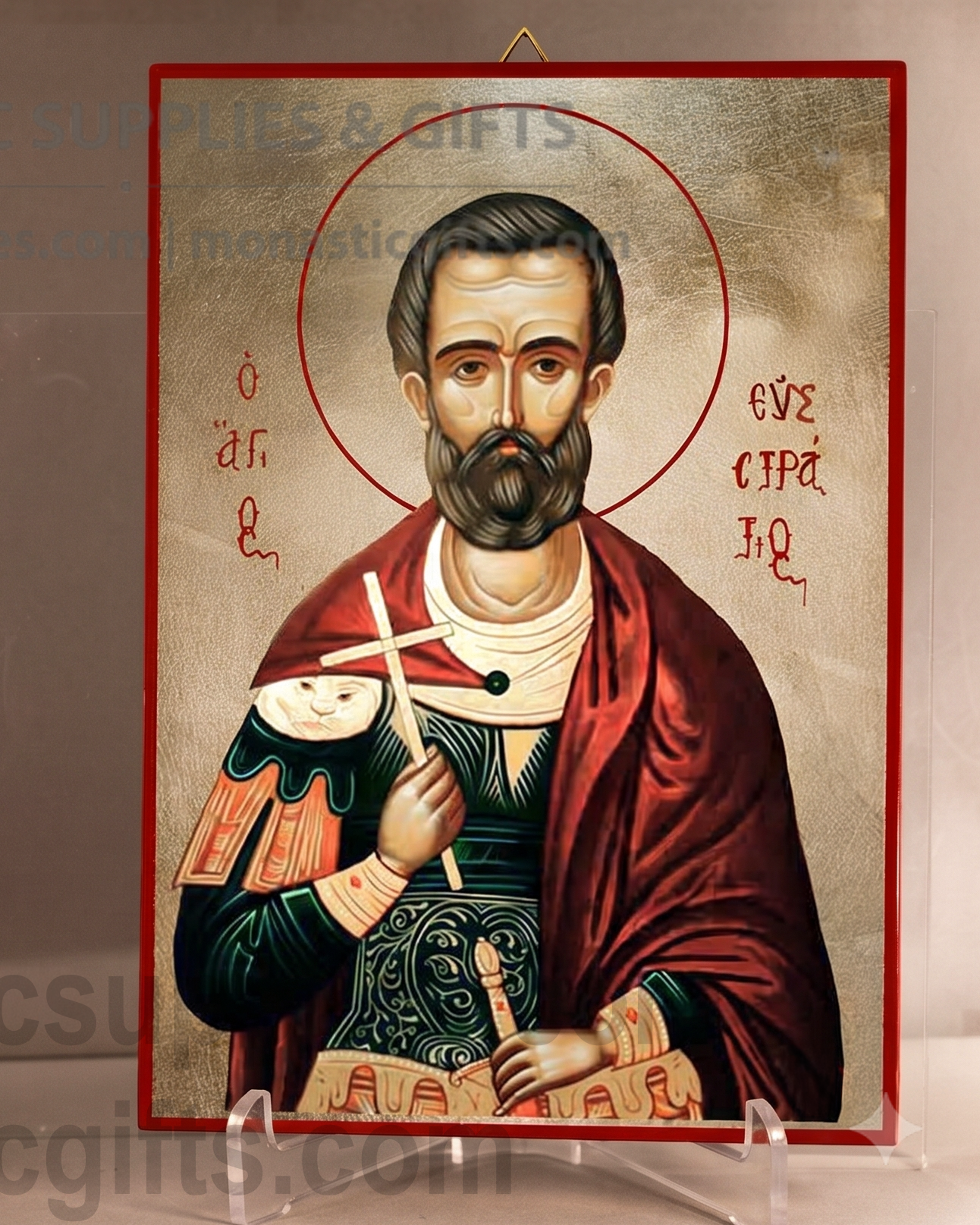 Handcrafted Orthodox gold leaf canvas icon of Saint Eustratius on solid wooden panel