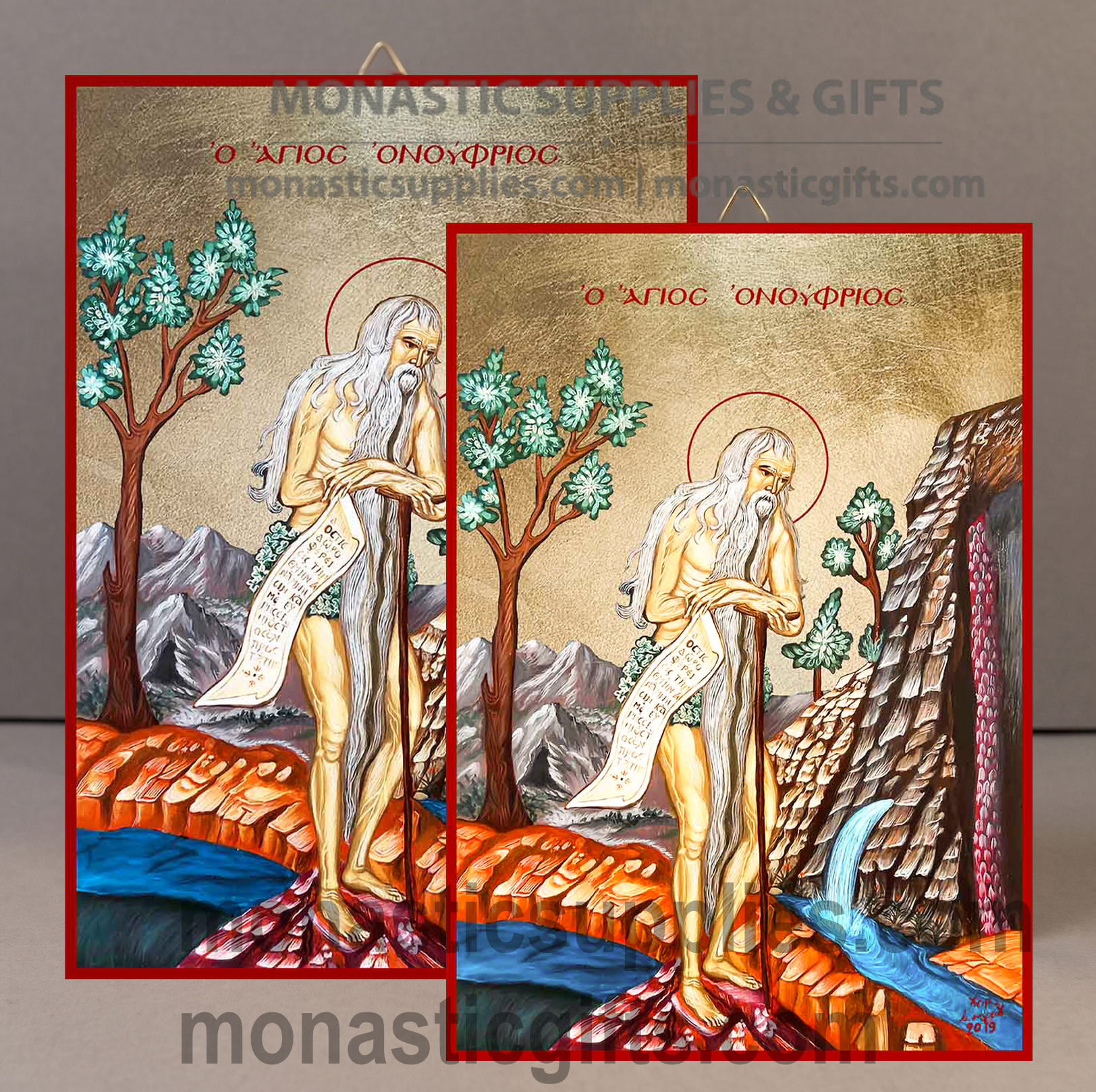 Handcrafted Orthodox gold leaf canvas icon of Saint Onuphrius the Great patron of solitude and fasting on solid wooden panel