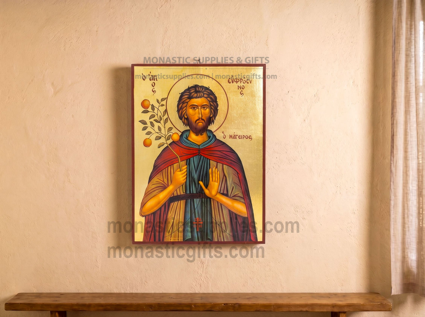 Authentic Handmade St Euphrosynus the Cook Byzantine Icon on Genuine Gold Leaf, Large Wooden Wall Art for Kitchens & Restaurants (30x40cm - 12x16in)
