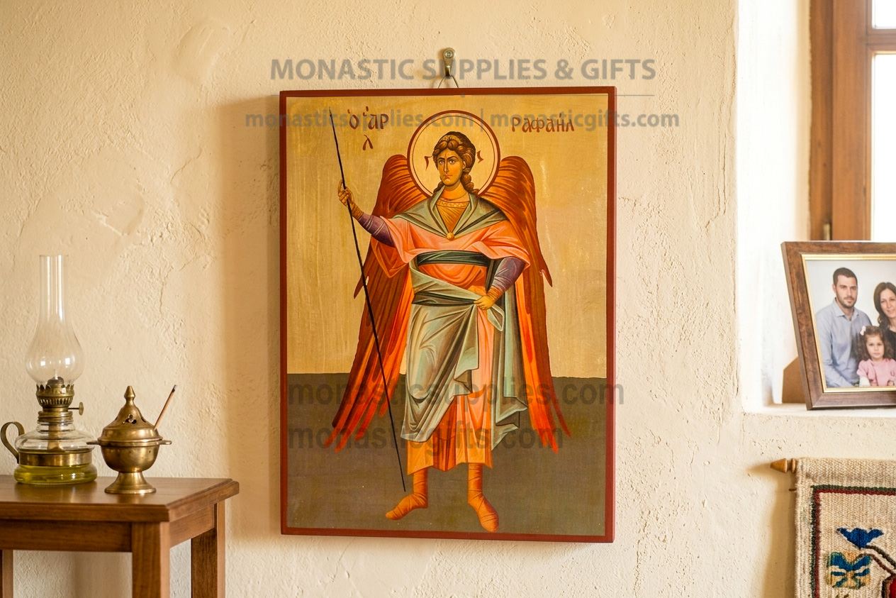 Handmade Archangel Raphael Byzantine icon on genuine gold leaf and wood measuring 30x40cm (12x16in) with hand-painted details.