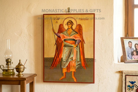 Handmade Archangel Raphael Byzantine icon on genuine gold leaf and wood measuring 30x40cm (12x16in) with hand-painted details.