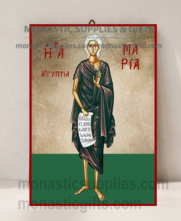 Handcrafted Orthodox gold leaf canvas icon of Saint Mary of Egypt in prayer on solid wooden panel