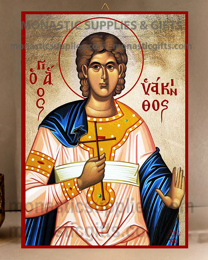 Handcrafted Orthodox gold leaf canvas icon of Saint Hyacinth of Caesarea patron of love and youth on solid wooden panel