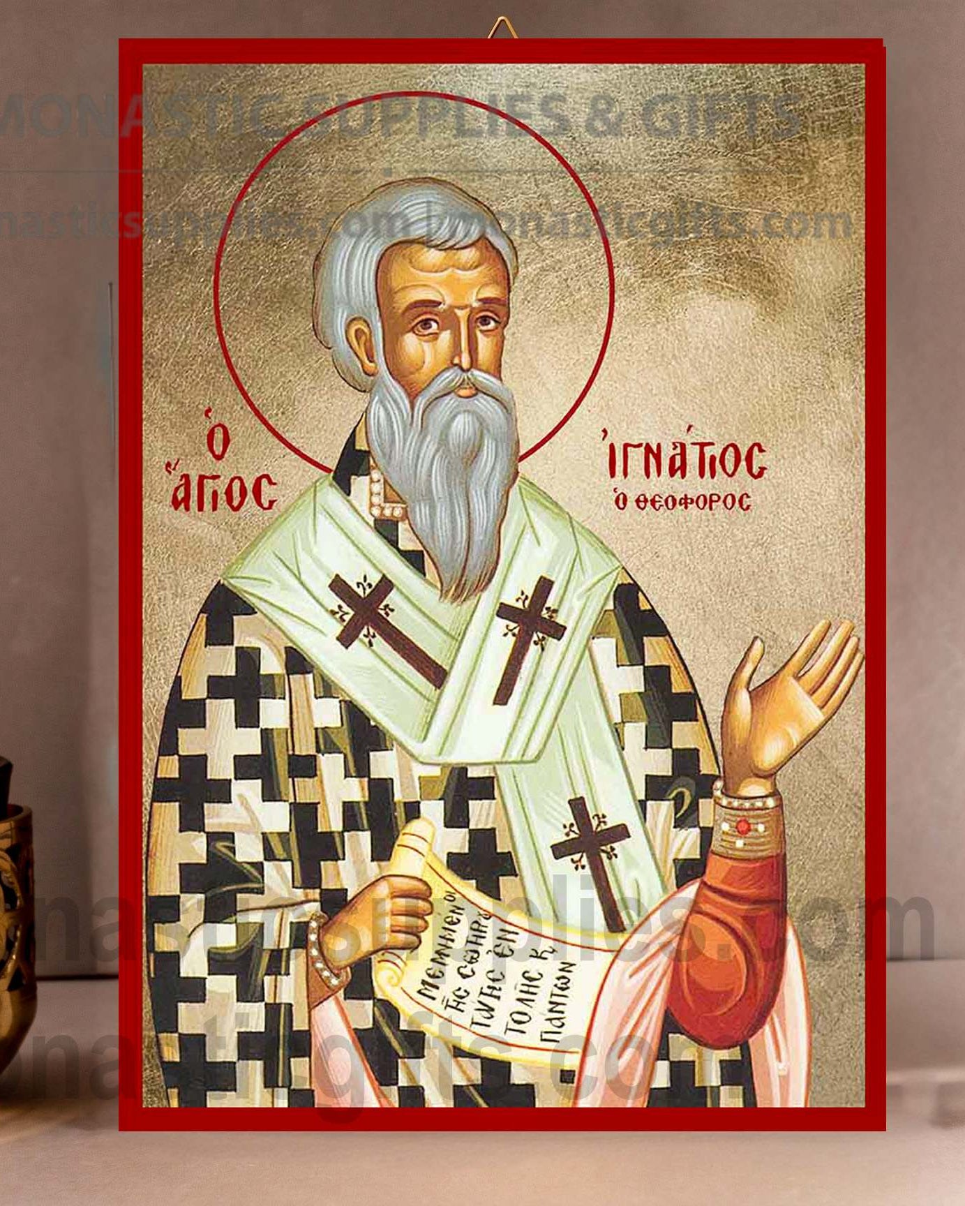 Handcrafted Orthodox gold leaf canvas icon of Saint Ignatius the God-Bearer on solid wooden panel