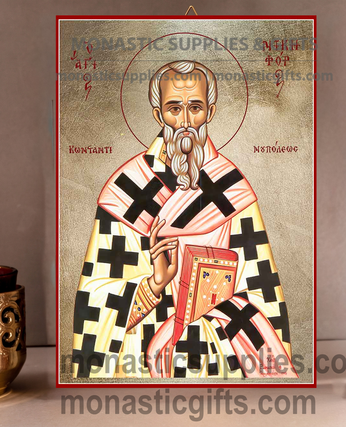 Handcrafted Orthodox gold leaf canvas icon of Saint Nicephorus the Leper patron of the sick and healing on solid wooden panel