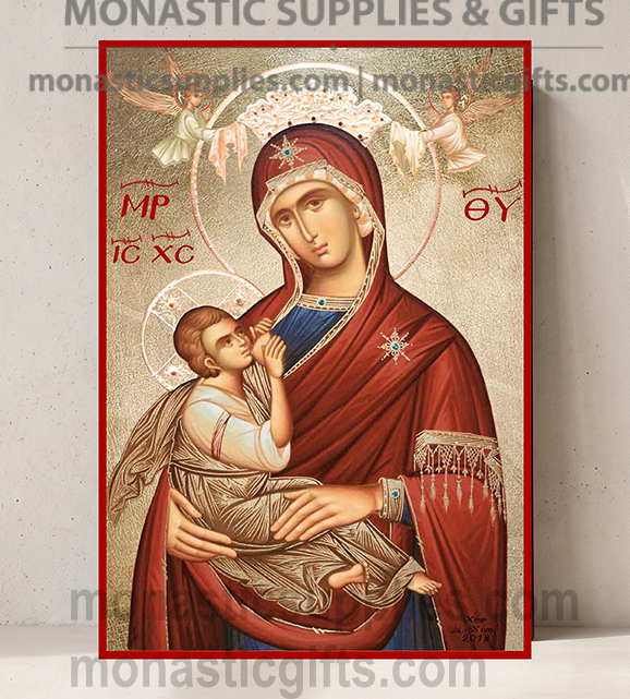 Handcrafted Orthodox gold leaf canvas icon of the Virgin Mary Galaktotrophousa Nursing Mother of God on solid wooden panel