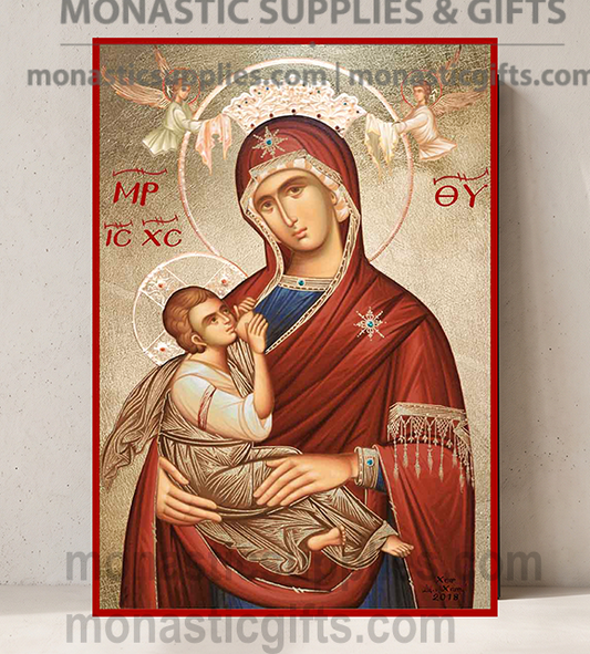 Handcrafted Orthodox gold leaf canvas icon of the Virgin Mary Galaktotrophousa Nursing Mother of God on solid wooden panel
