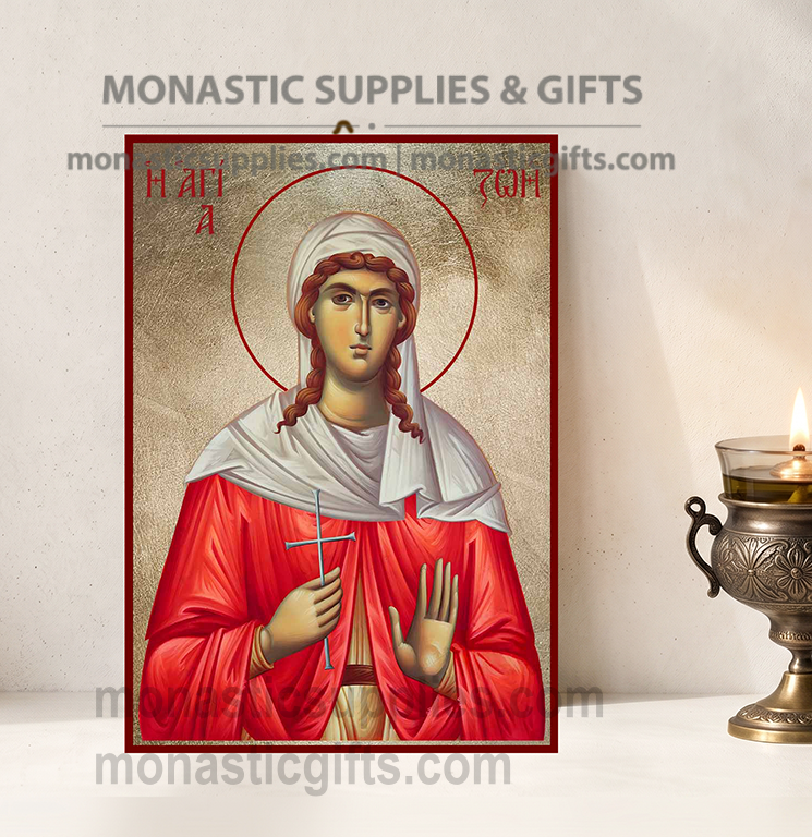 Handcrafted Orthodox gold leaf canvas icon of Saint Zoe the Martyr on solid wooden panel