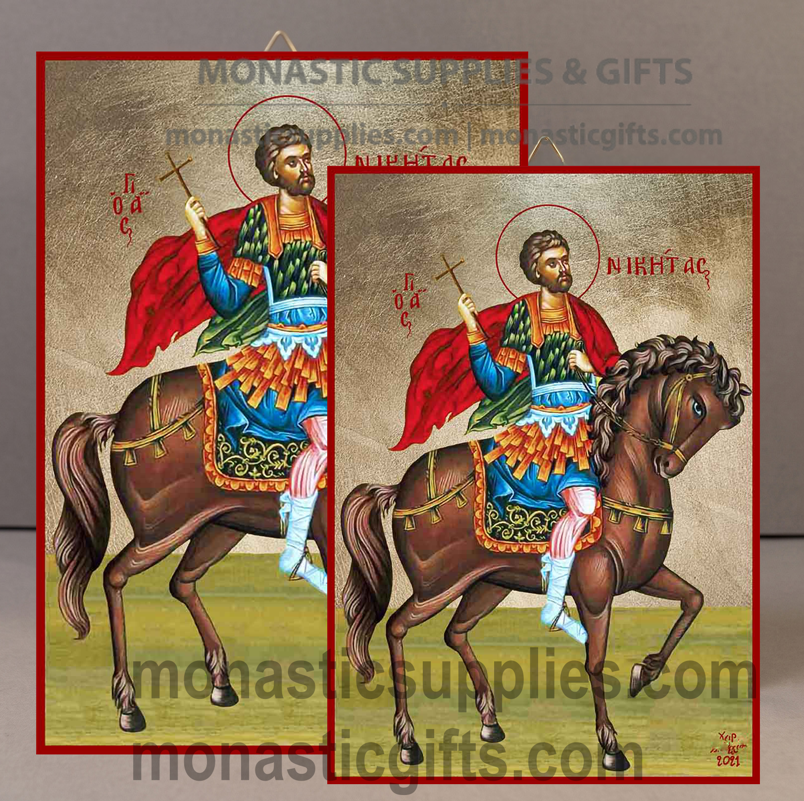 Handcrafted Orthodox gold leaf canvas icon of Saint Nicetas patron of children and spiritual victory on solid wooden panel