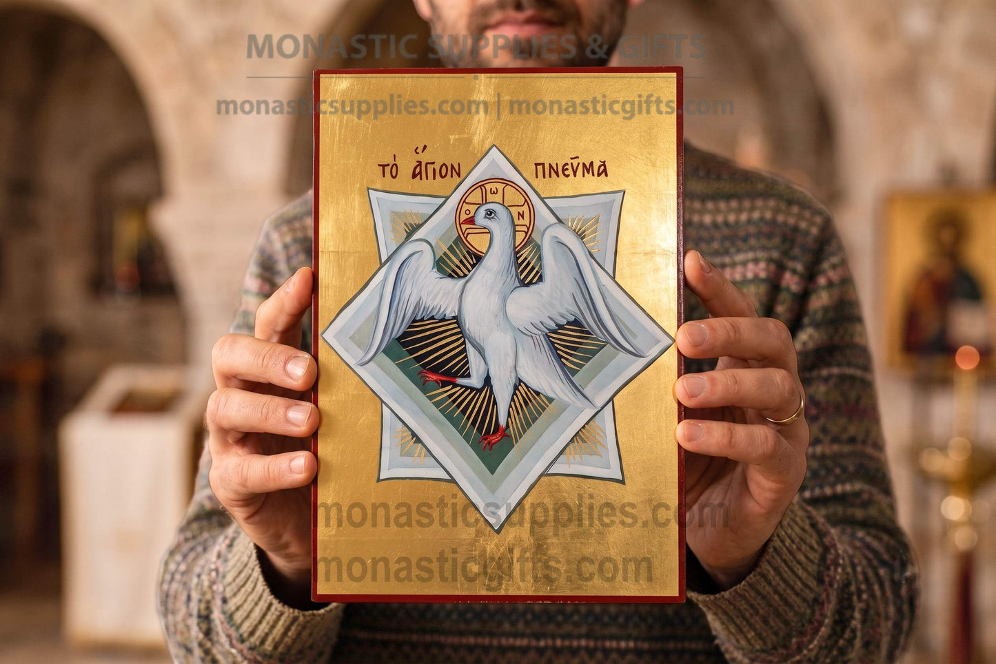 Handcrafted Byzantine silkscreen icon of the Holy Spirit depicting a white dove on shimmering gold leaf wood plaque, available in multiple sizes.