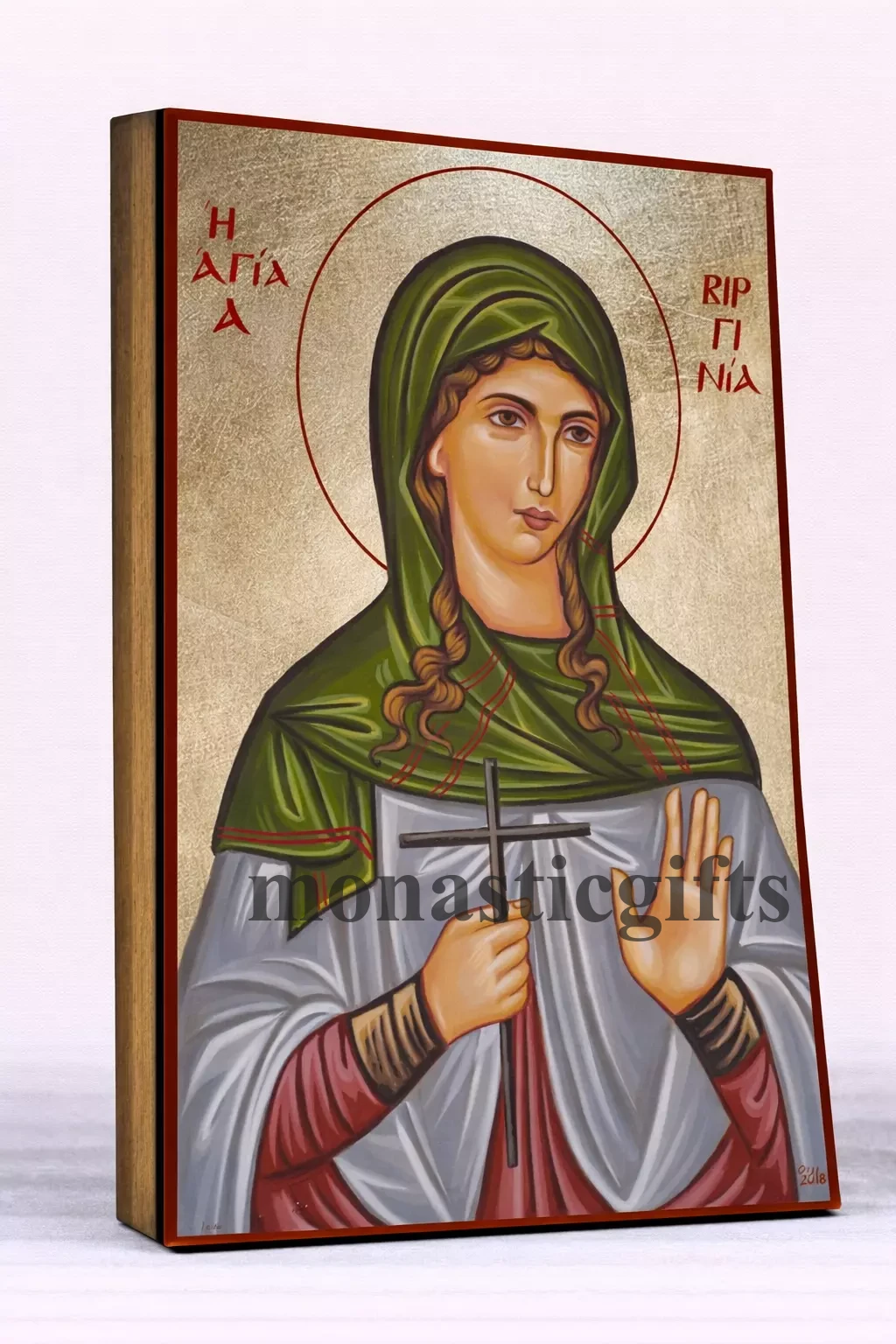 Saint Virginia Byzantine Icon – Handmade Wooden Orthodox Icon on Gold Silk Canvas, Various Sizes