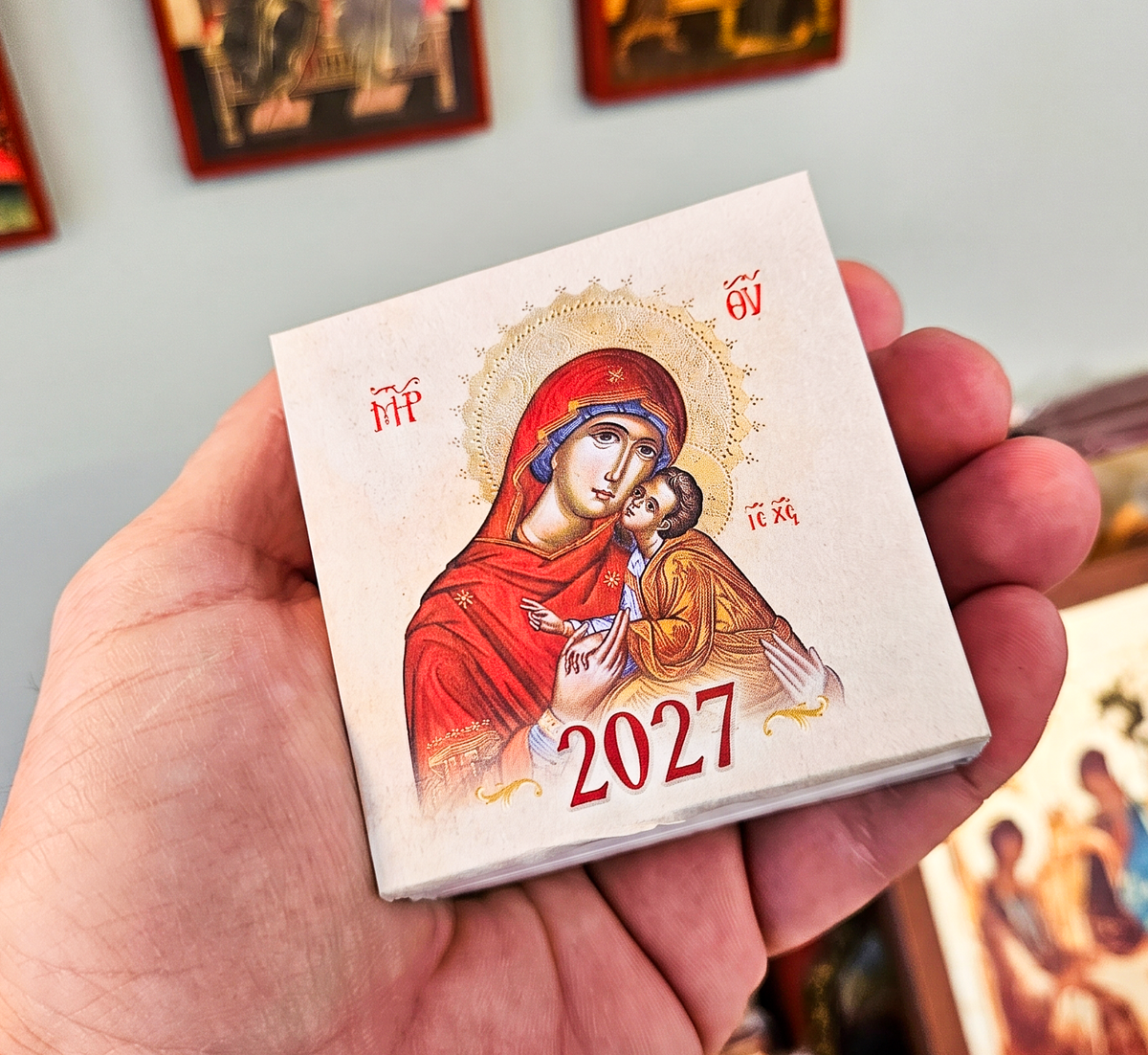 Greek Orthodox daily synaxarion wall calendar refill block 2027 with Panagia cover 7x7 cm and 5x7 cm tear-off pages made in Greece