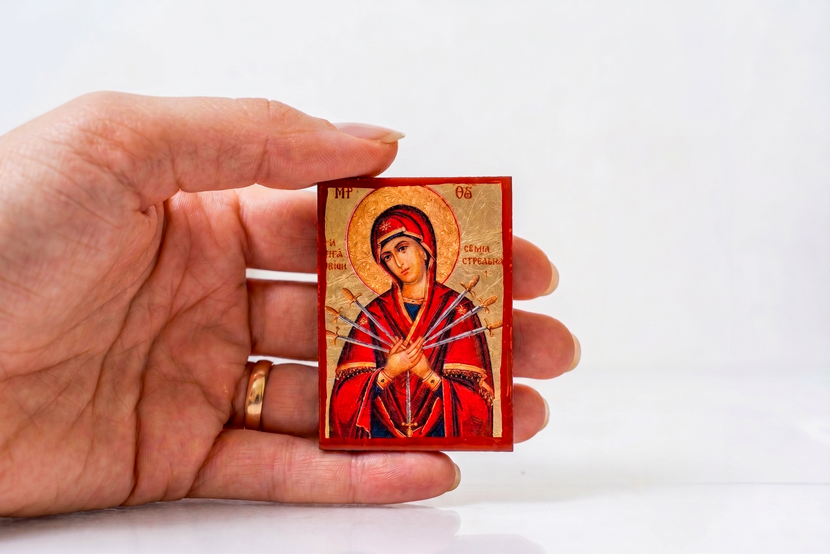 Virgin Mary Seven Sorrows miniature handcrafted Byzantine wooden pocket icon and travel companion 4.2 x 5 cm 1.65 x 1.96 in made in Greece