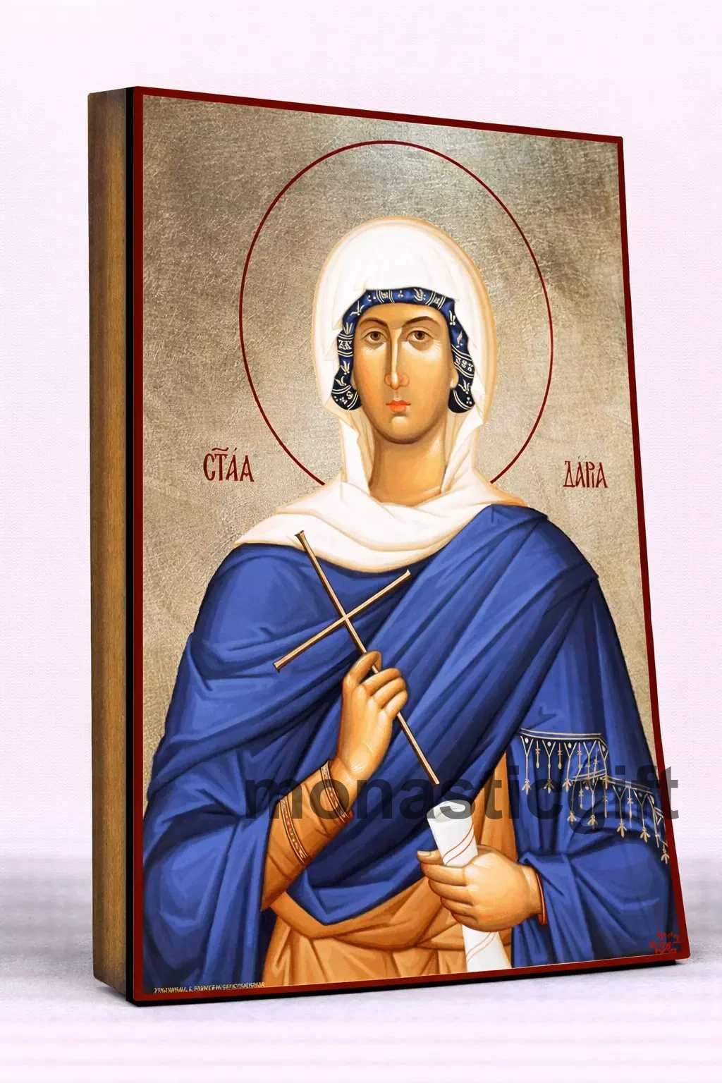 Saint Daria Byzantine Icon – Handmade Wooden Orthodox Icon on Gold Silk Canvas, Various Sizes