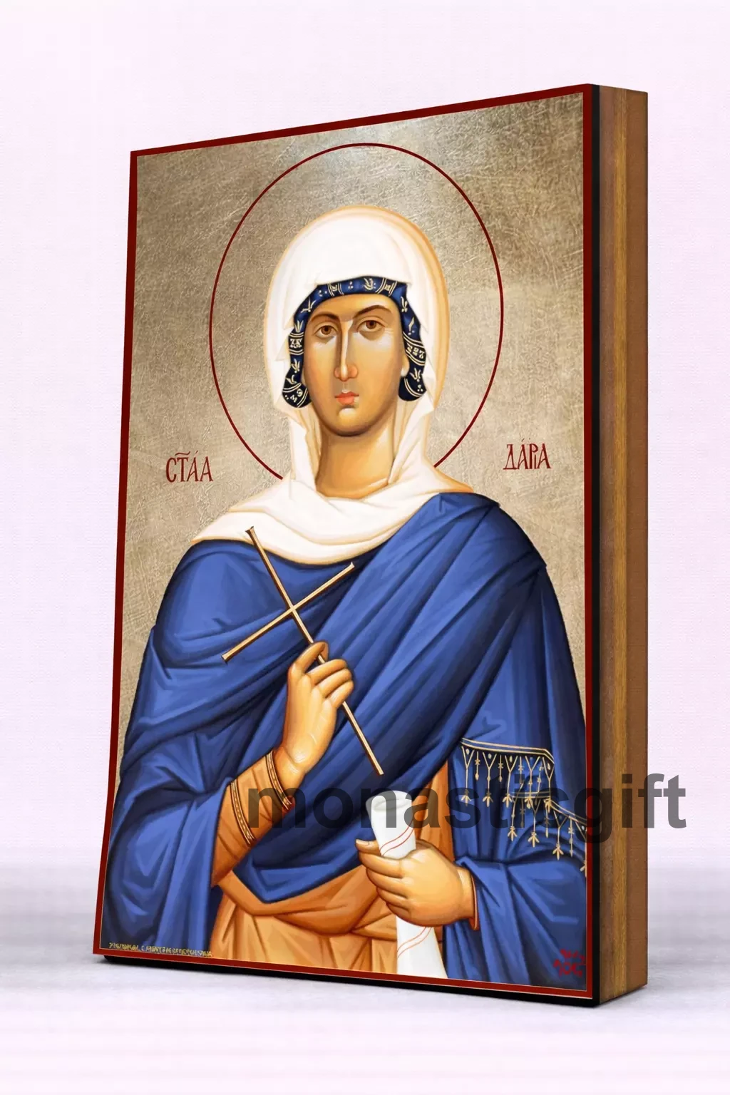 Saint Daria Byzantine Icon – Handmade Wooden Orthodox Icon on Gold Silk Canvas, Various Sizes