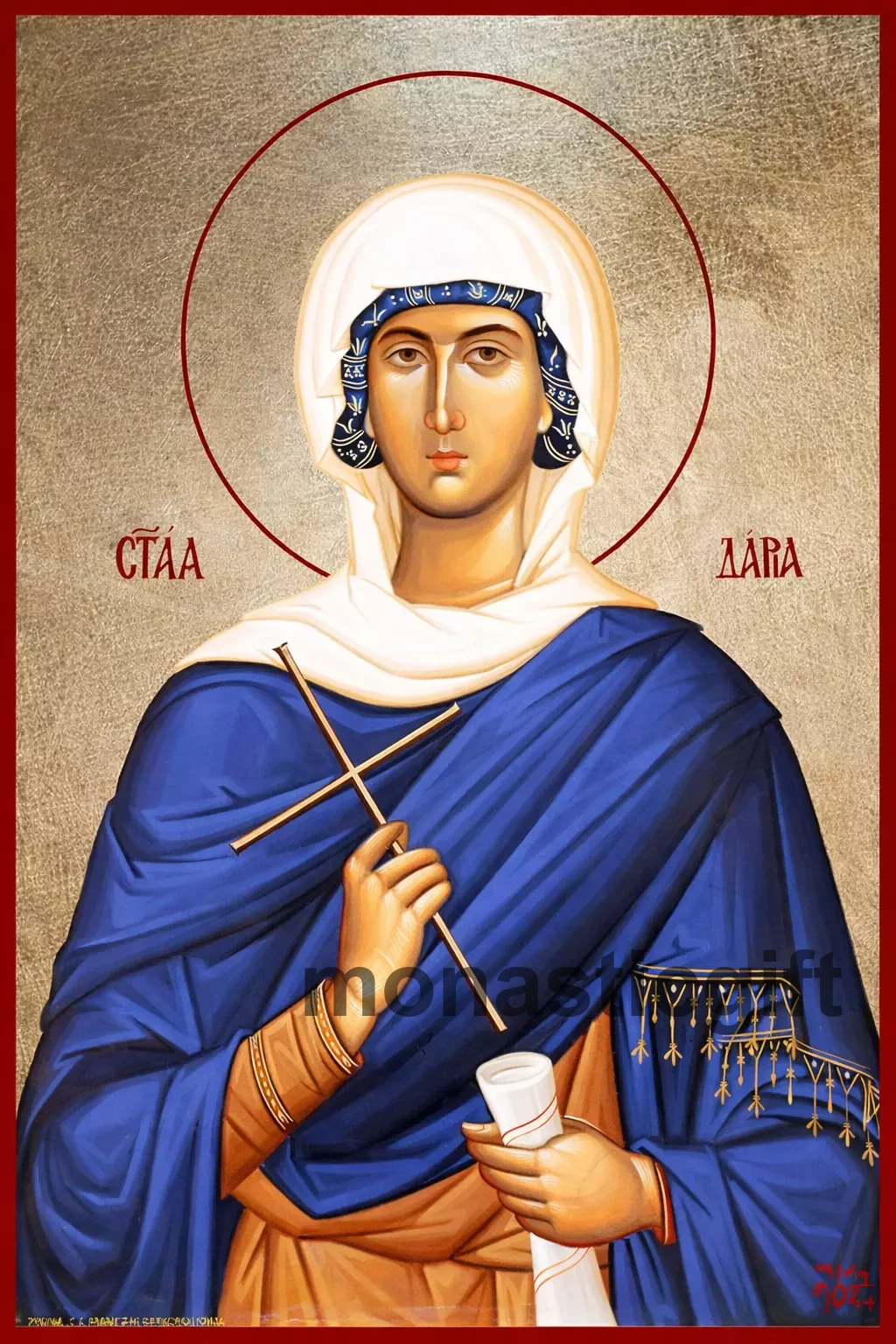 Saint Daria Byzantine Icon – Handmade Wooden Orthodox Icon on Gold Silk Canvas, Various Sizes