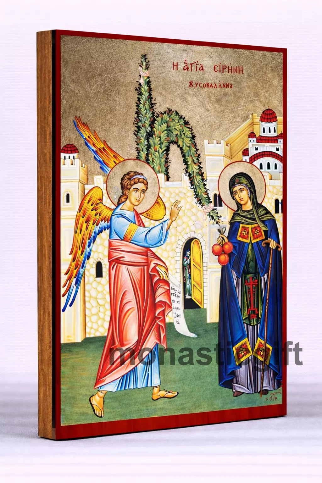 Saint Irene of Chrysovalantou Byzantine Icon – Handmade Wooden Orthodox Icon on Gold Silk Canvas, Various Sizes