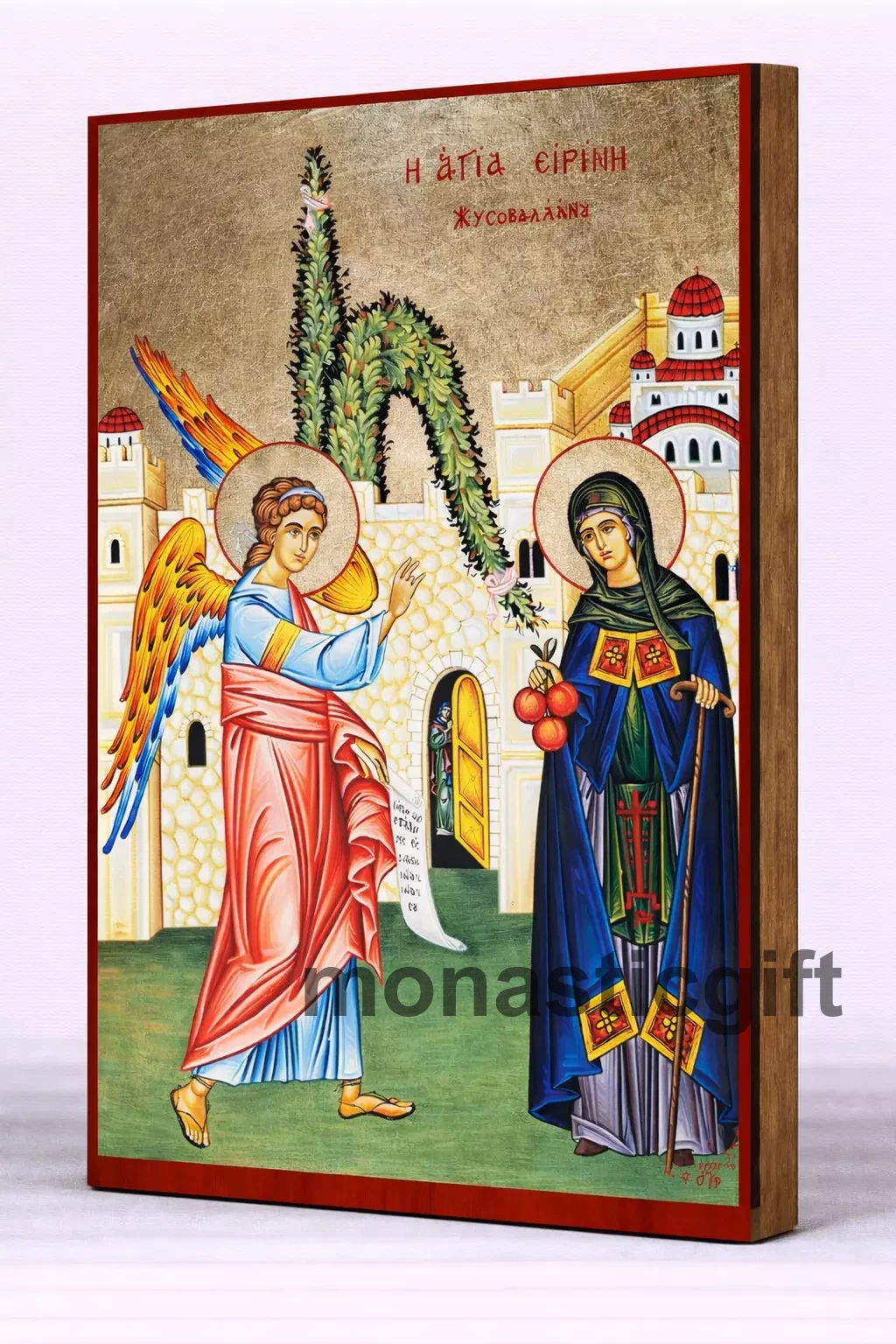 Saint Irene of Chrysovalantou Byzantine Icon – Handmade Wooden Orthodox Icon on Gold Silk Canvas, Various Sizes
