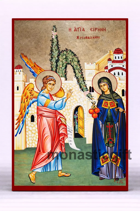Saint Irene of Chrysovalantou Byzantine Icon – Handmade Wooden Orthodox Icon on Gold Silk Canvas, Various Sizes