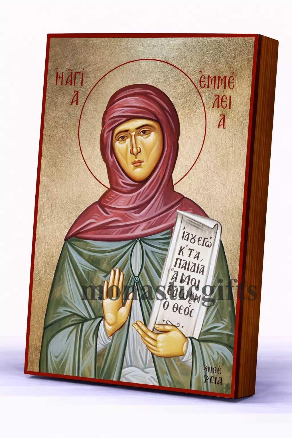 Saint Emmelia Byzantine Icon – Handmade Wooden Orthodox Icon on Gold Silk Canvas, Various Sizes