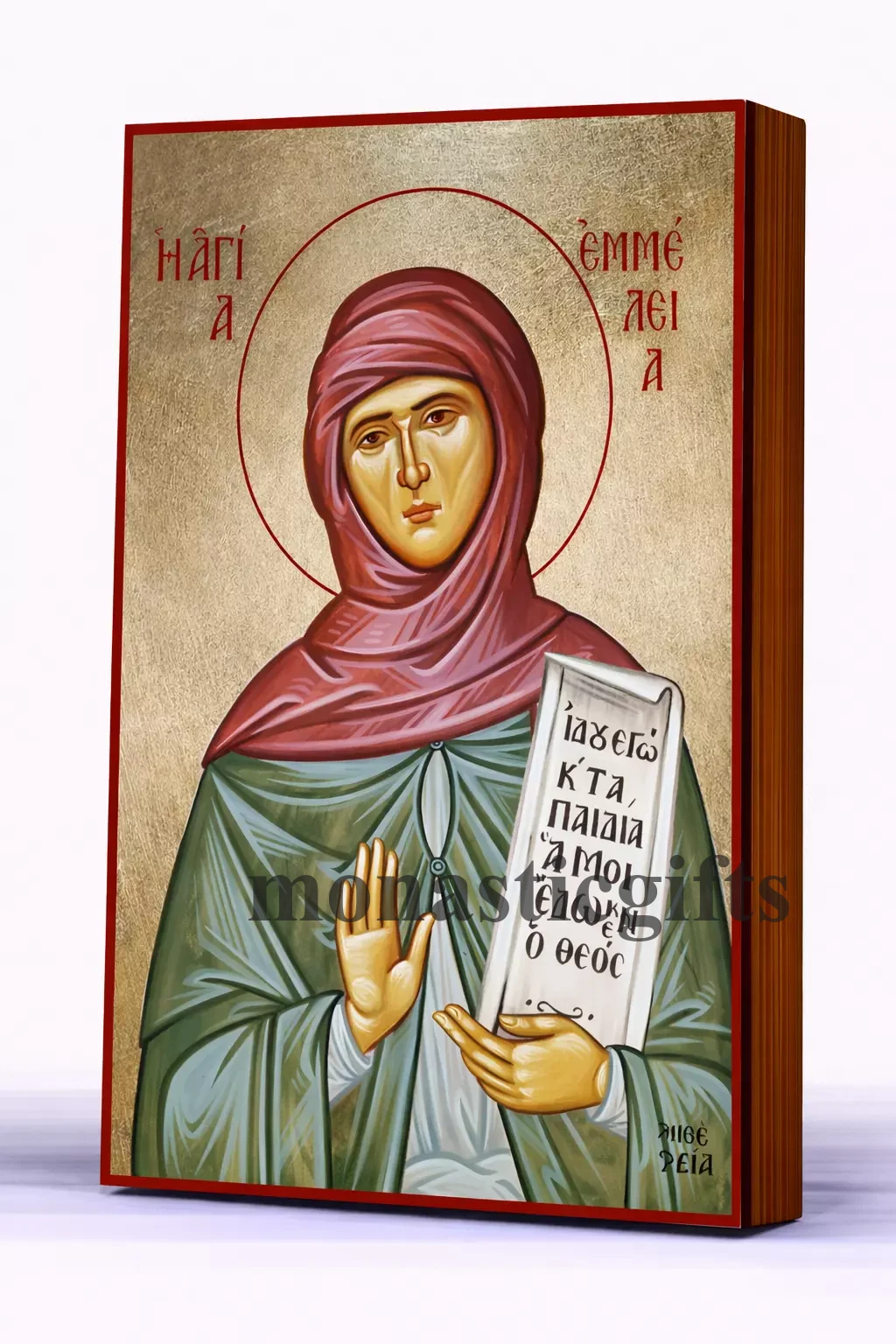 Saint Emmelia Byzantine Icon – Handmade Wooden Orthodox Icon on Gold Silk Canvas, Various Sizes