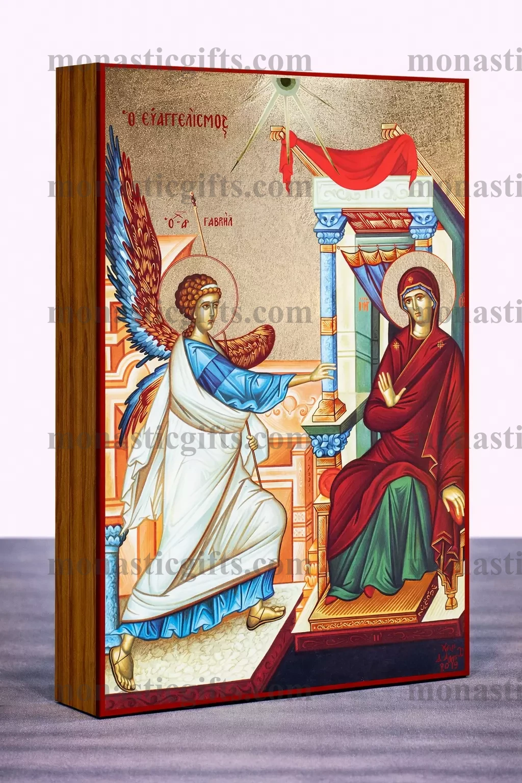 The Annunciation of the Theotokos Handmade Byzantine Icon on Gold Silk with Wooden Panel, Various Sizes