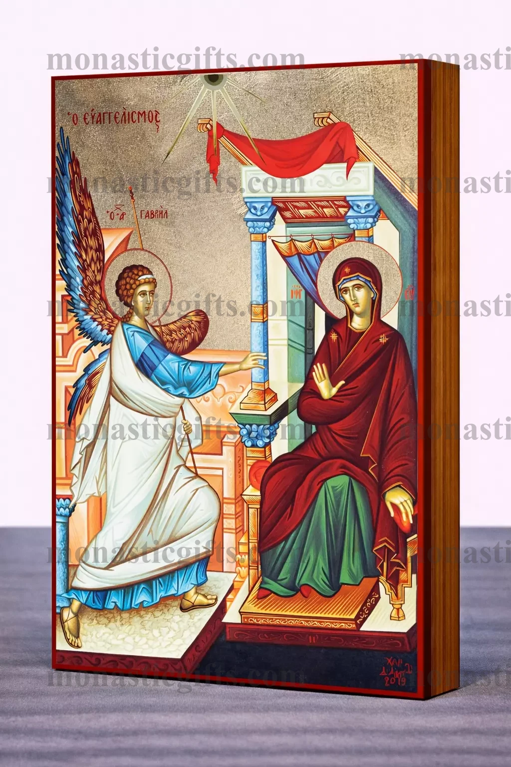 The Annunciation of the Theotokos Handmade Byzantine Icon on Gold Silk with Wooden Panel, Various Sizes