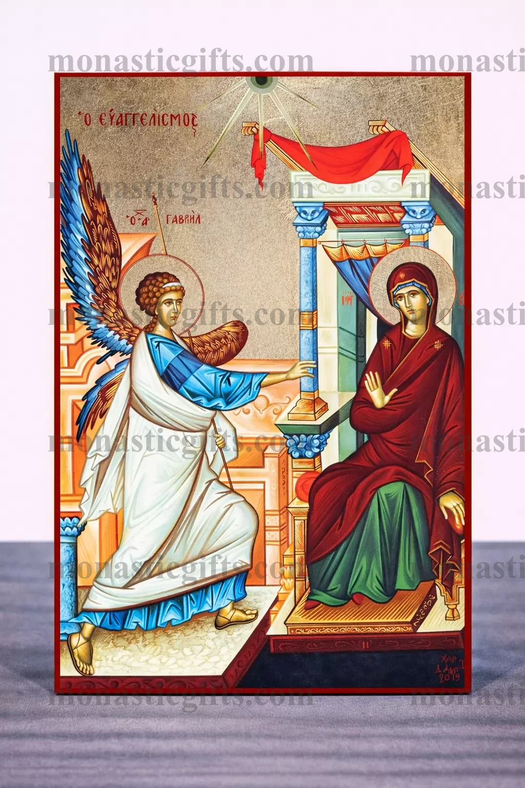 The Annunciation of the Theotokos Handmade Byzantine Icon on Gold Silk with Wooden Panel, Various Sizes