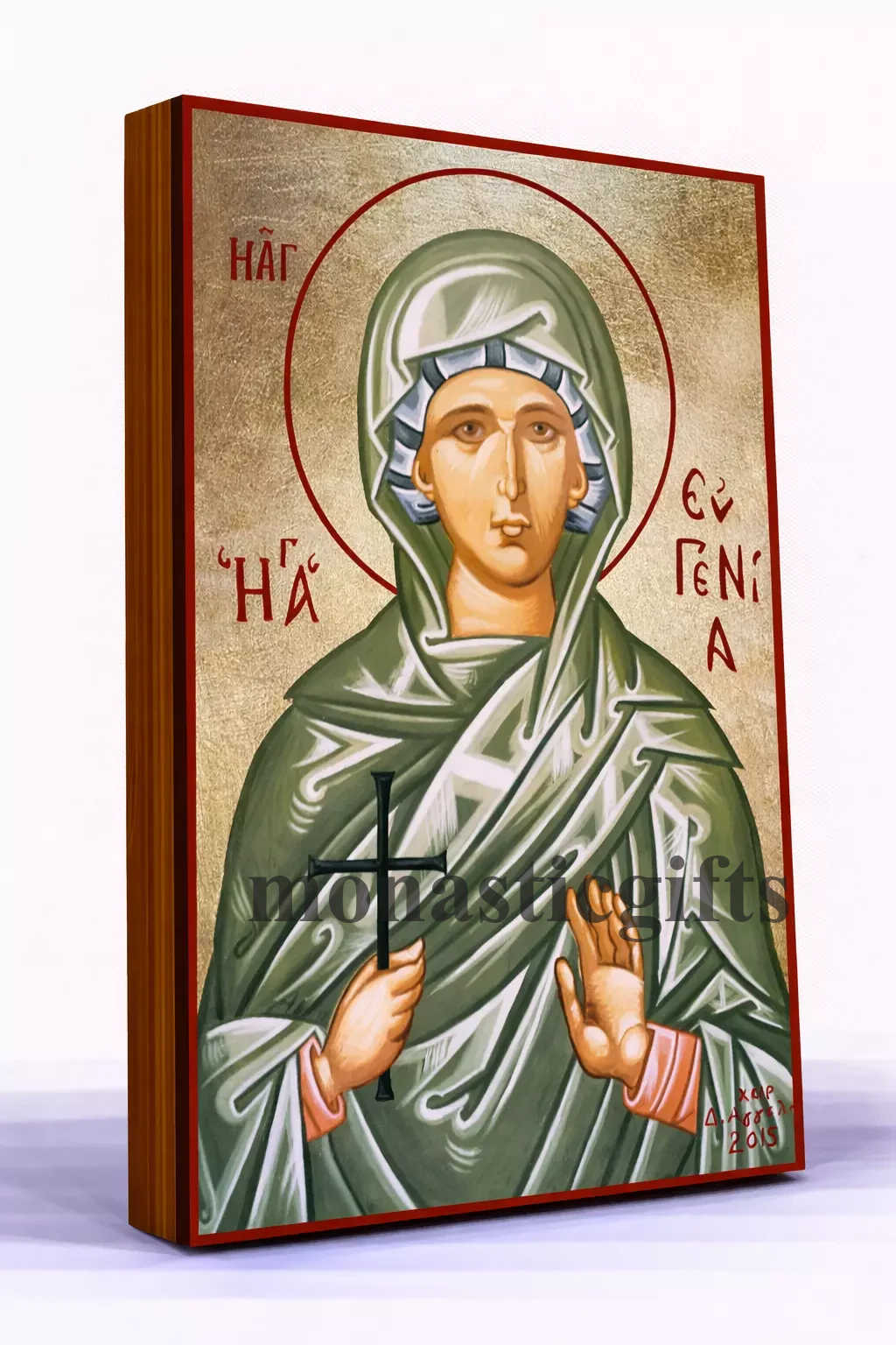 Saint Eugenia Byzantine Icon – Handmade Wooden Orthodox Icon on Gold Silk Canvas, Various Sizes
