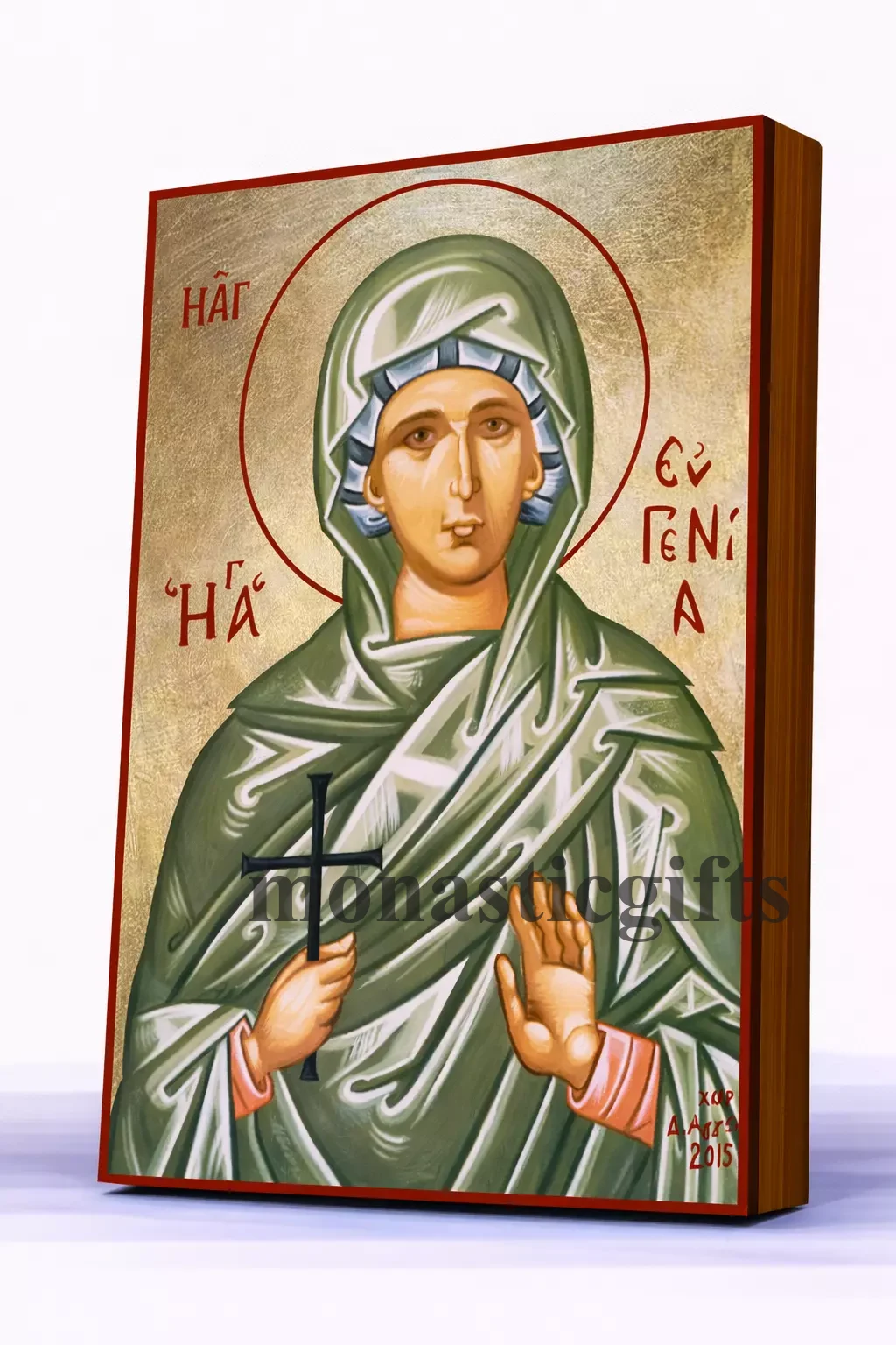 Saint Eugenia Byzantine Icon – Handmade Wooden Orthodox Icon on Gold Silk Canvas, Various Sizes
