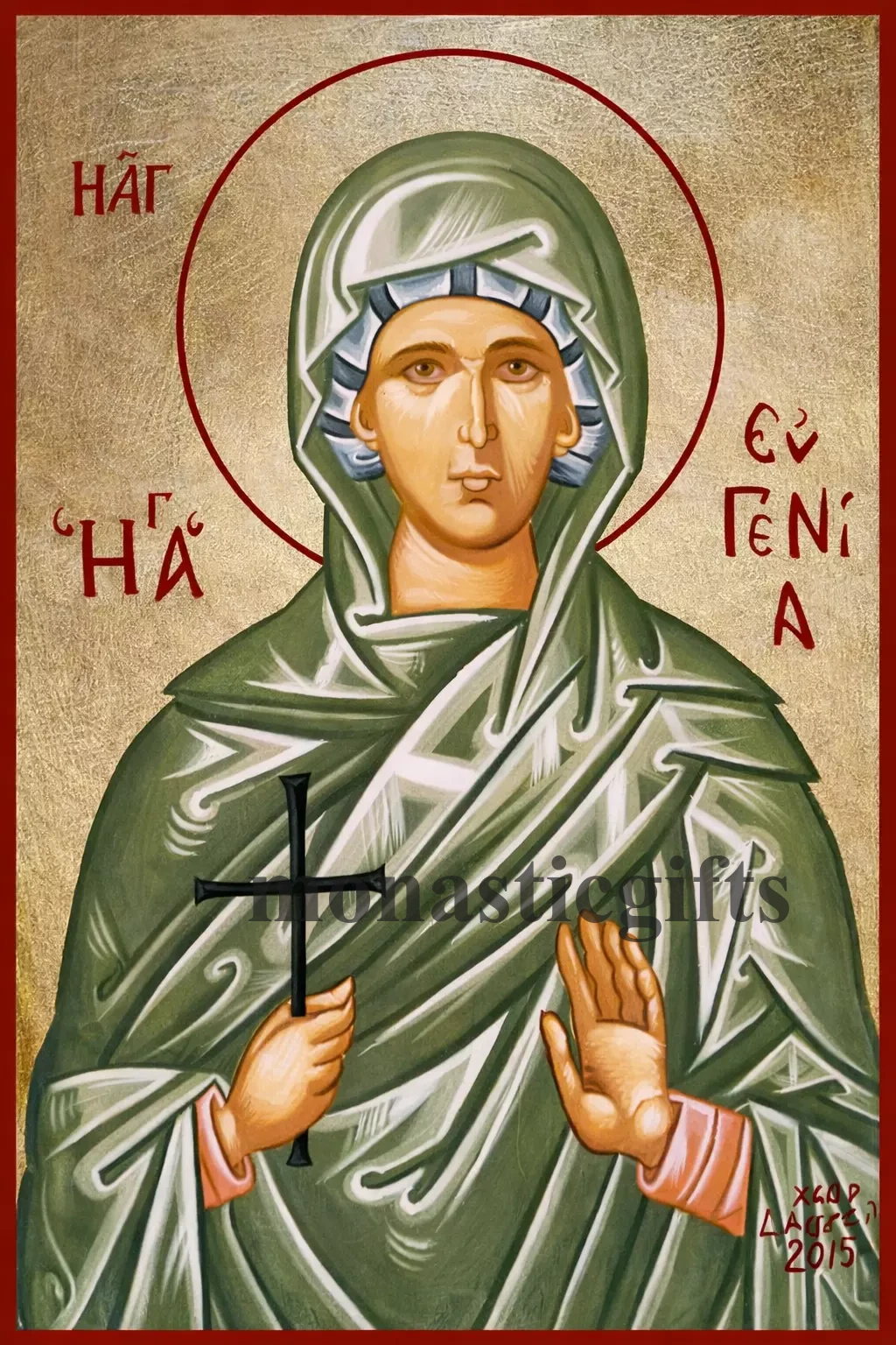 Saint Eugenia Byzantine Icon – Handmade Wooden Orthodox Icon on Gold Silk Canvas, Various Sizes