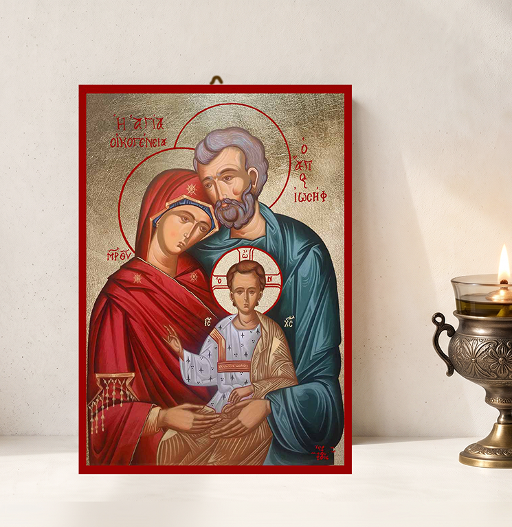 Handcrafted Orthodox gold leaf canvas icon of the Holy Family Jesus Mary and Joseph on solid wooden panel