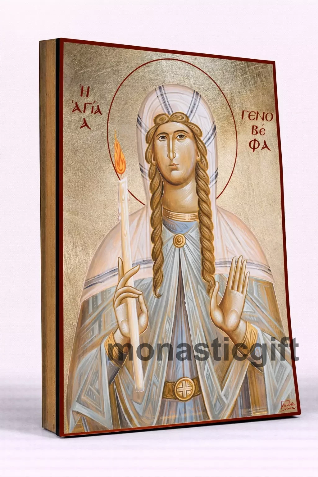 Saint Genevieve Byzantine Icon – Handmade Wooden Orthodox Icon on Gold Silk Canvas, Various Sizes
